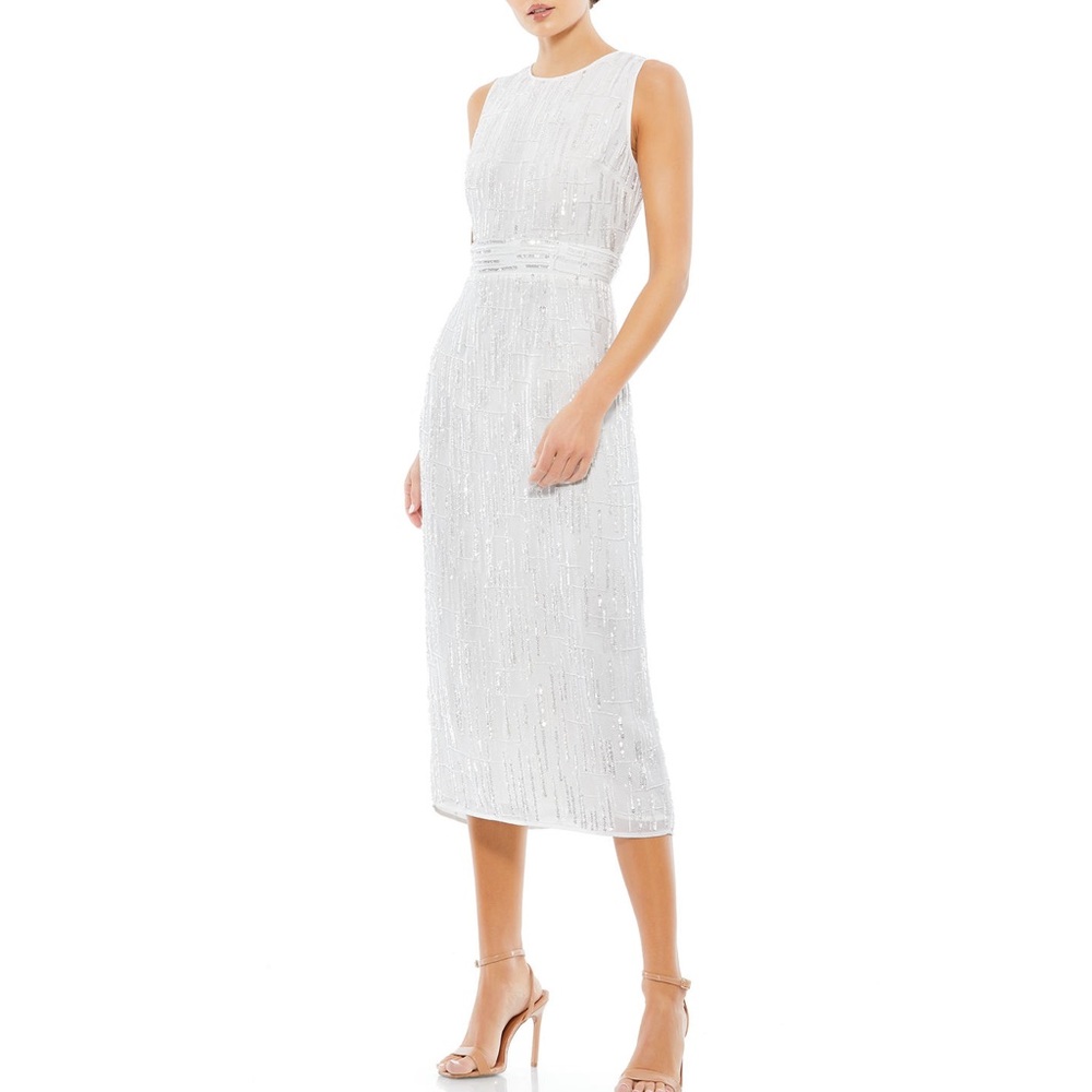 Mac Duggal Sleeveless‎ Sequin Beaded White Midi Dress